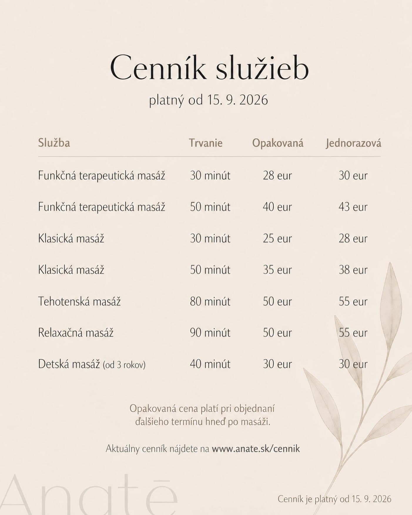 Milí klienti, 

od 15.9. nás čakajú malé zmeny v cenníku služieb. 

Pre vás stálych aj nových sa cena bude meniť v závislosti od toho, či si zvolíte cestu pravidelných termínov, ktoré si po každej masáži priamo rezervujete alebo stavíte skôr na jednorázový termín raz za čas, podľa vašej aktuálnej potreby. 

Prečo si vybrať cestu pravidelných termínov?

🗓 Obľúbené termíny miznú ako prvé. So stálym termínom sa nemusíte prispôsobovať tomu, čo ostalo.

💆‍♀️ Problém nevzniká za deň a ani nezmizne za jednu masáž. Pri pravidelnej masáži ho riešime skôr, než sa z neho stane problém na niekoľko sedení.

🤎 A pomáha to aj mne — poznám vaše telo a nezačínam zakaždým od nuly.

Ktorú cestu si zvolíte, je na vás. Kvalita služby sa nemení. 🙏🏼

Popis k jednotlivým službám nájdete na stránke, ale ak máte akúkoľvek otázku, kľudne napíšte.

Teším sa na vás!✨

Anatē
. 
#anate#massage#massagetherapy#physioterapy